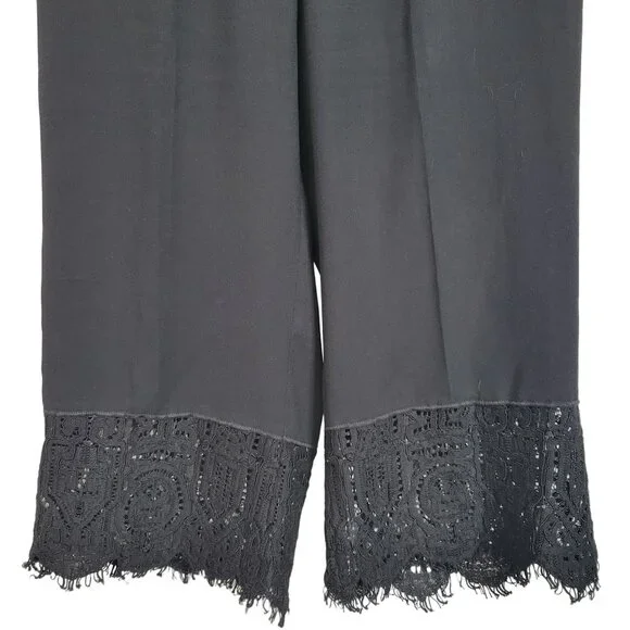 Ann Taylor Sz LP L Petite Pants Cropped Stretch Waist Zip Lace Fringe Hem Black - Picture 4 of 12